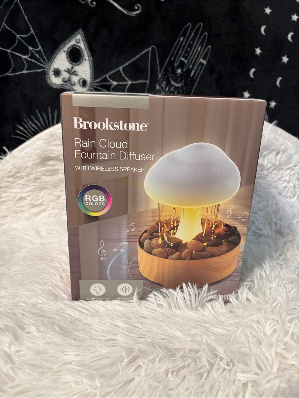 Brookstone Rain Cloud Fountain Diffuser – White Top with Wood-Tone Base